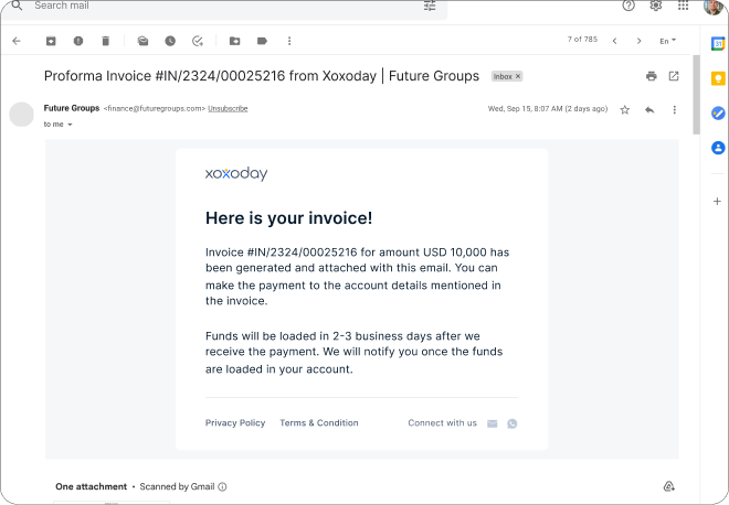 Invoice shared via email with payment details